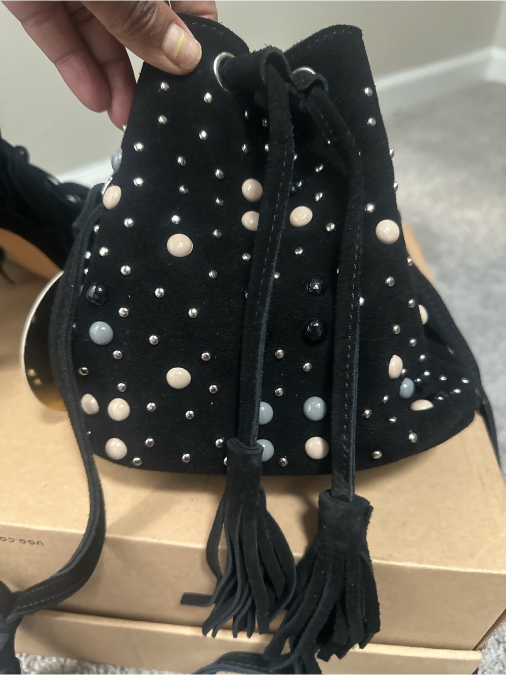 Black Suede Drawstring Bucket Bag with Stud and Bead Accents